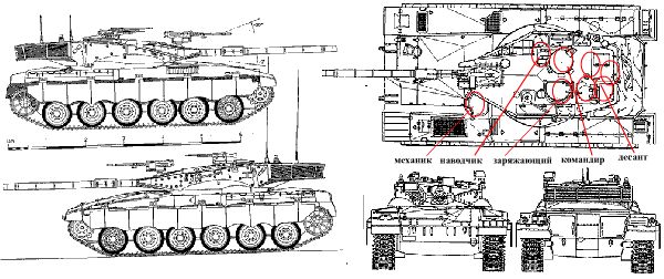Проекции танка “Merkava” MK.3 и расположение членов экипажа.